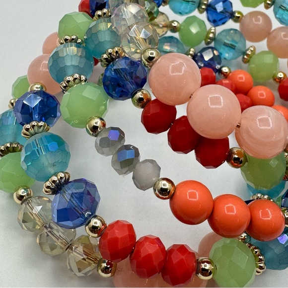 Multicolor Beaded Memory Wire Bracelet Crystal Glass Statement - Picture 7 of 7